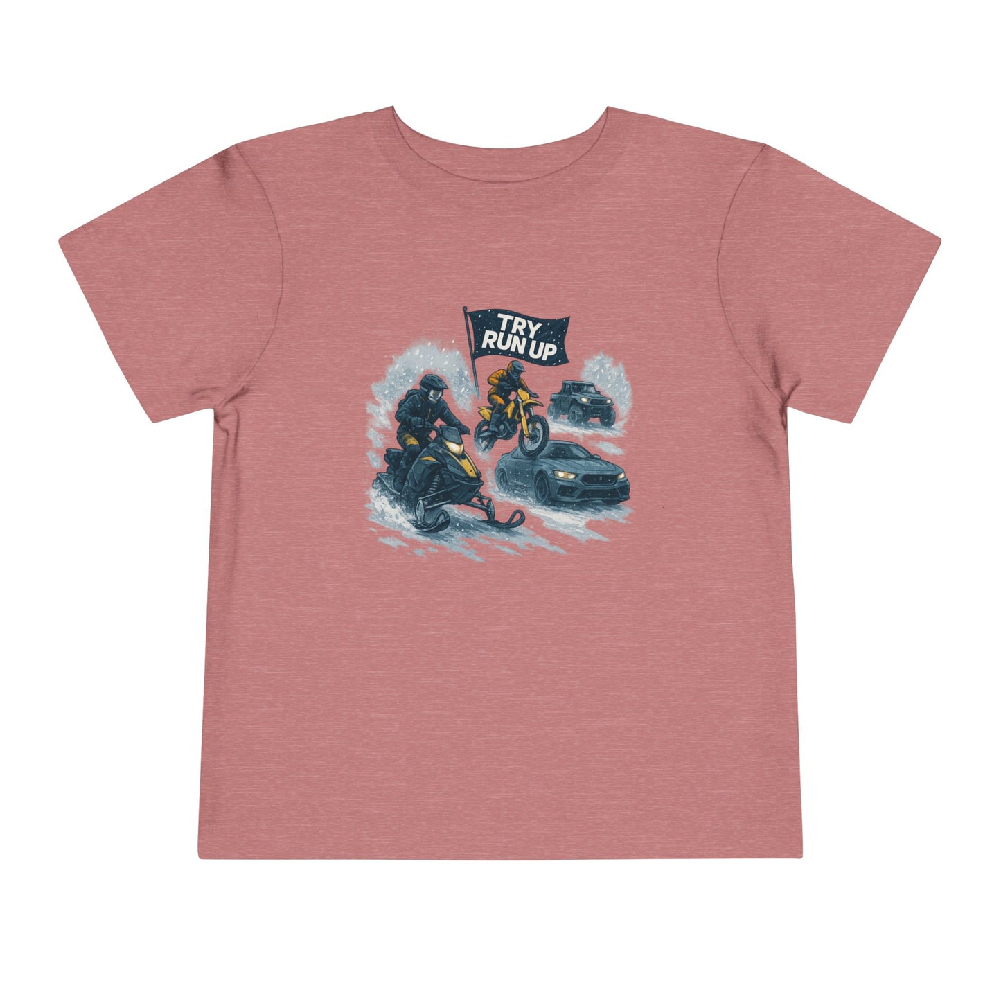 Kids Winter Snowmobiling Run Up Toddler Short Sleeve Tee | Snowmobile Design