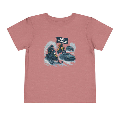Kids Winter Snowmobiling Run Up Toddler Short Sleeve Tee | Snowmobile Design