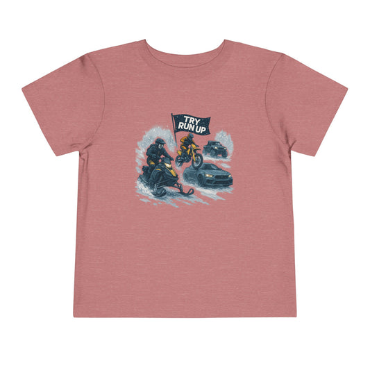 Kids Winter Snowmobiling Run Up Toddler Short Sleeve Tee | Snowmobile Design
