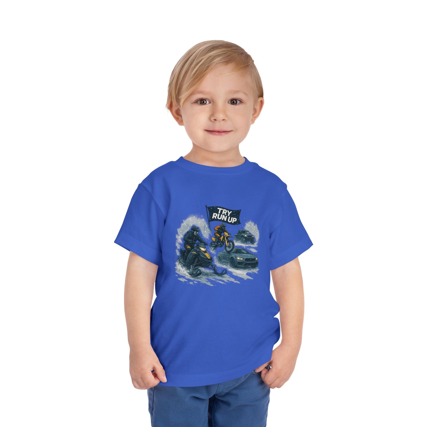 Kids Winter Snowmobiling Run Up Toddler Short Sleeve Tee | Snowmobile Design