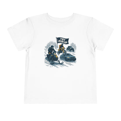 Kids Winter Snowmobiling Run Up Toddler Short Sleeve Tee | Snowmobile Design
