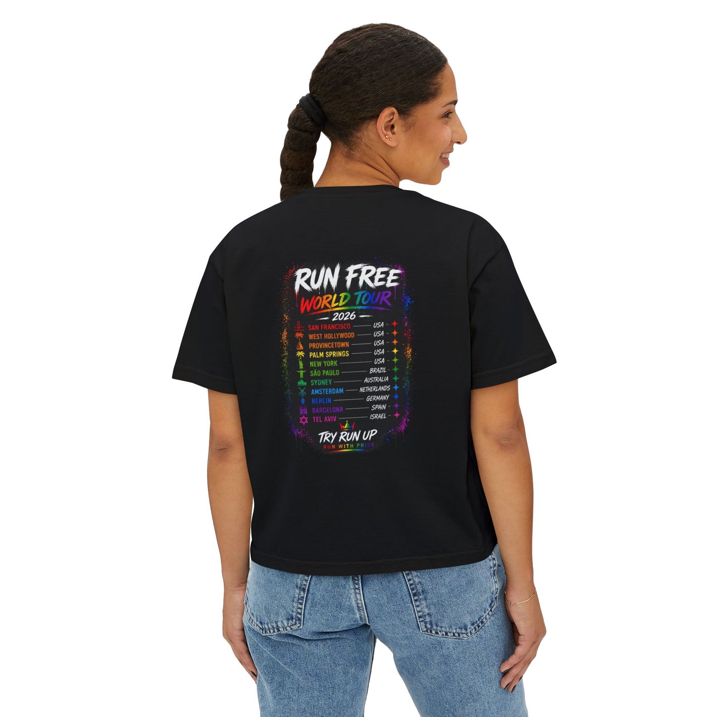 Run Free rainbow drip design Boxy Tee | Tour dates back print