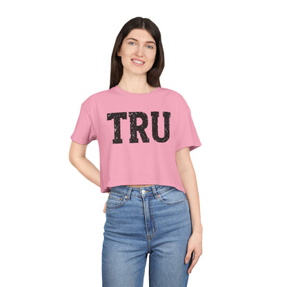TRU text crop tee | distressed varsity letters, casual graphic top