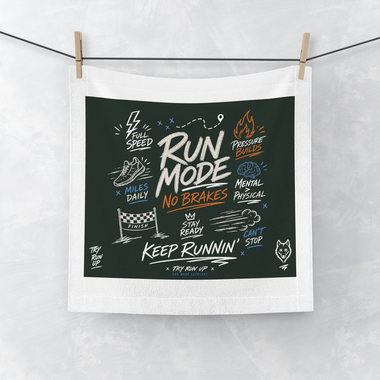 Run Mode No Brakes graphic Face Towel | Motivational Running Design