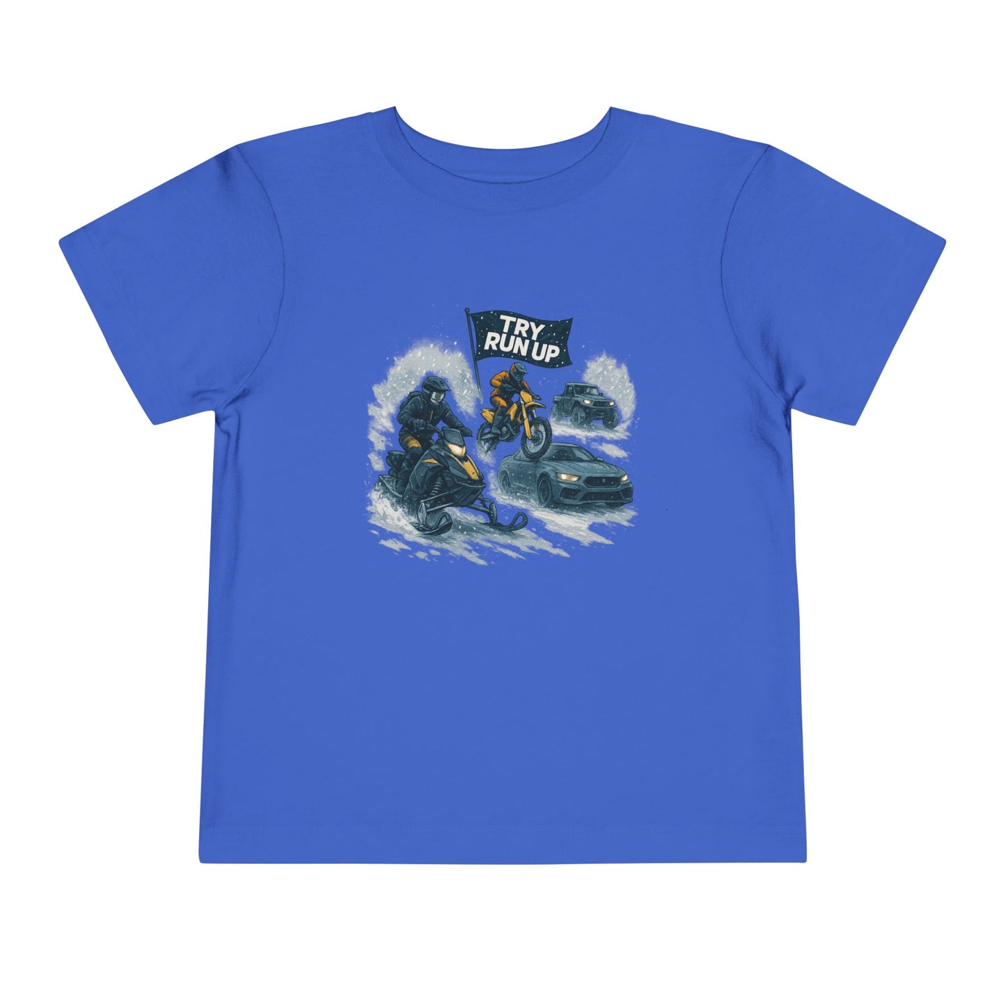 Kids Winter Snowmobiling Run Up Toddler Short Sleeve Tee | Snowmobile Design