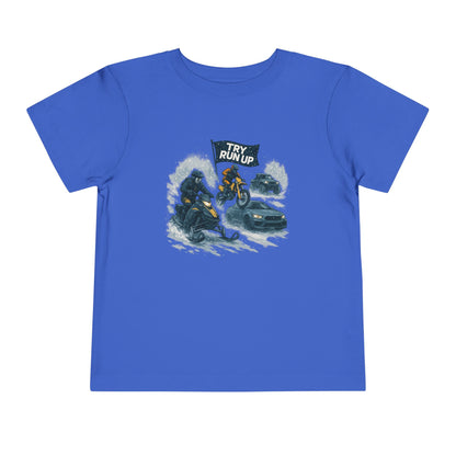Kids Winter Snowmobiling Run Up Toddler Short Sleeve Tee | Snowmobile Design