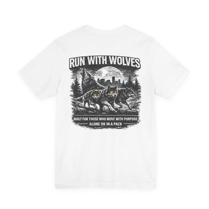 Run With Wolves tee | Wolf pack forest skyline, Motivational nature design