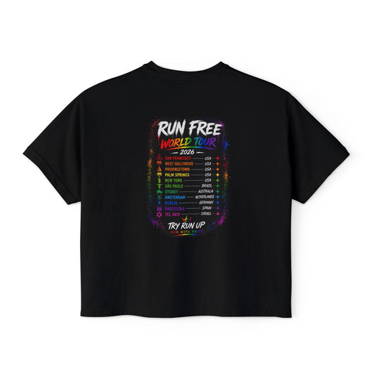 Run Free rainbow drip design Boxy Tee | Tour dates back print