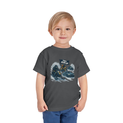 Kids Winter Snowmobiling Run Up Toddler Short Sleeve Tee | Snowmobile Design