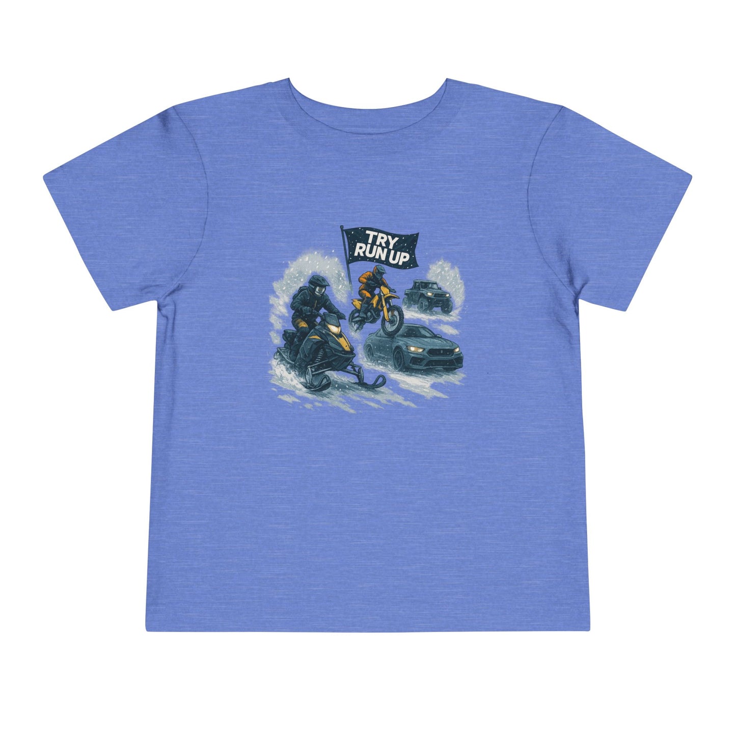 Kids Winter Snowmobiling Run Up Toddler Short Sleeve Tee | Snowmobile Design
