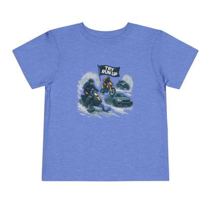 Kids Winter Snowmobiling Run Up Toddler Short Sleeve Tee | Snowmobile Design