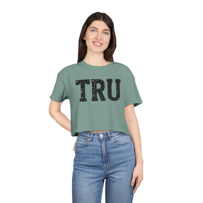 TRU text crop tee | distressed varsity letters, casual graphic top