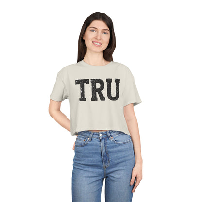 TRU text crop tee | distressed varsity letters, casual graphic top