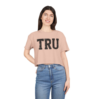 TRU text crop tee | distressed varsity letters, casual graphic top
