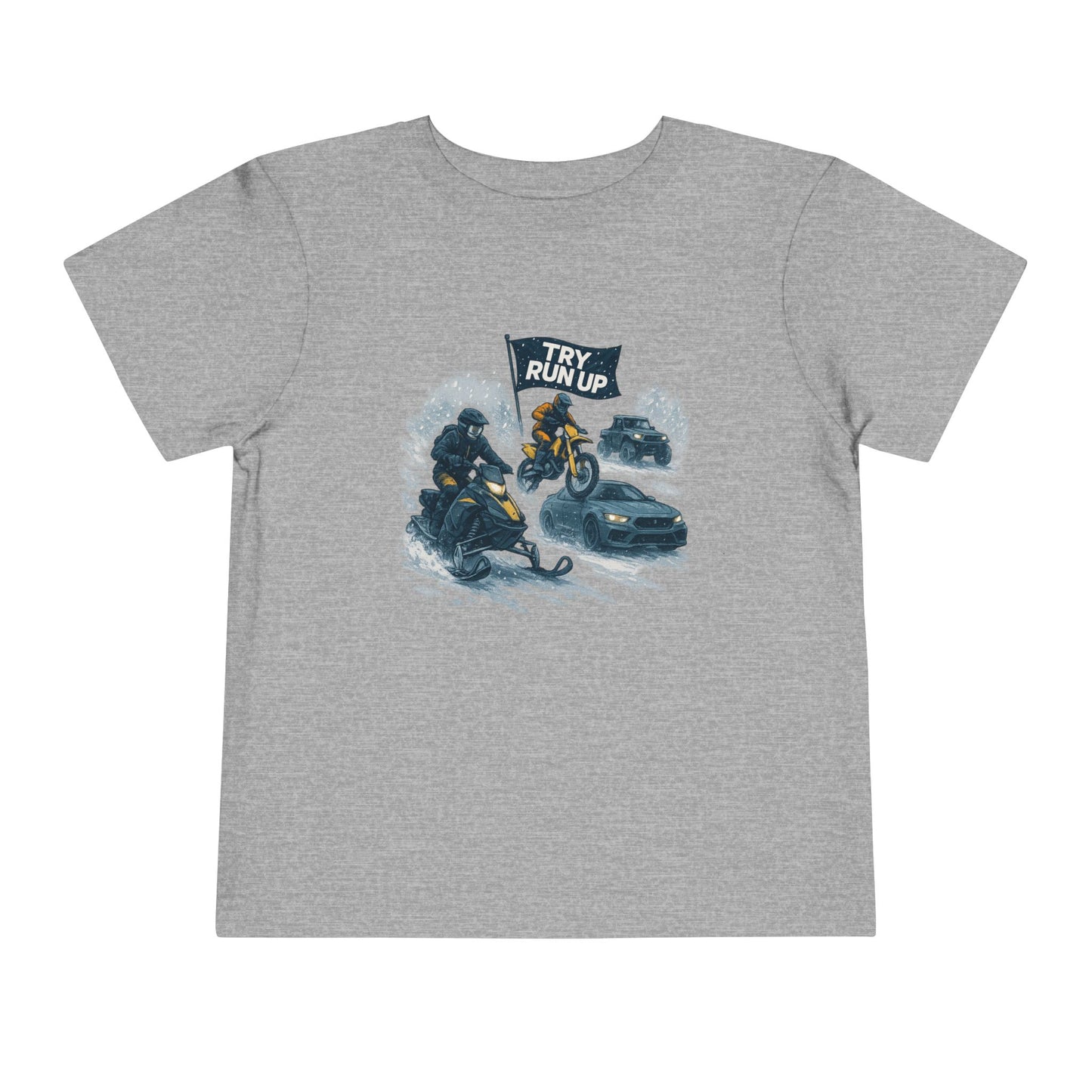 Kids Winter Snowmobiling Run Up Toddler Short Sleeve Tee | Snowmobile Design