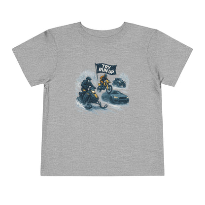 Kids Winter Snowmobiling Run Up Toddler Short Sleeve Tee | Snowmobile Design