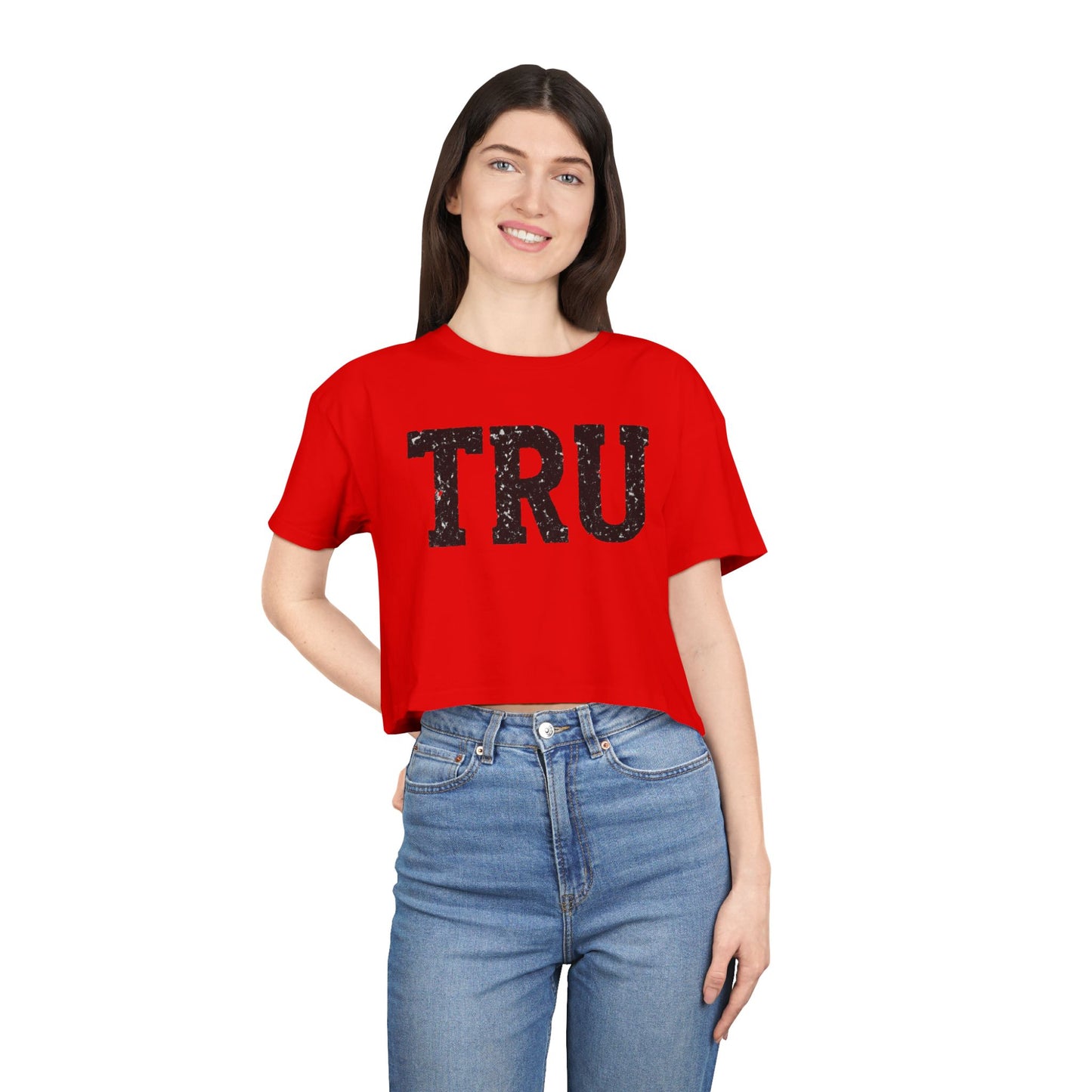 TRU text crop tee | distressed varsity letters, casual graphic top