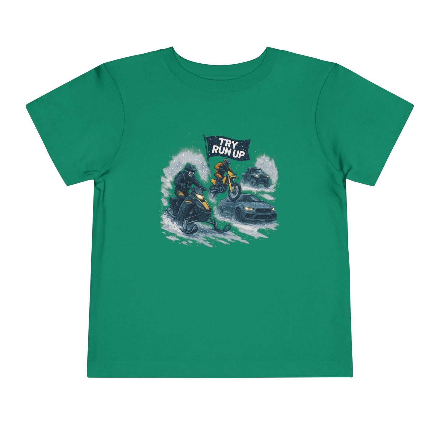 Kids Winter Snowmobiling Run Up Toddler Short Sleeve Tee | Snowmobile Design