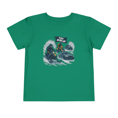 Kids Winter Snowmobiling Run Up Toddler Short Sleeve Tee | Snowmobile Design