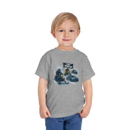 Kids Winter Snowmobiling Run Up Toddler Short Sleeve Tee | Snowmobile Design