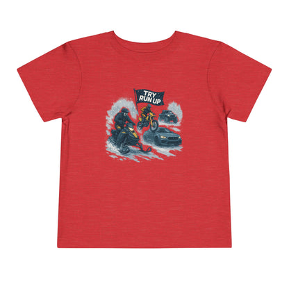 Kids Winter Snowmobiling Run Up Toddler Short Sleeve Tee | Snowmobile Design