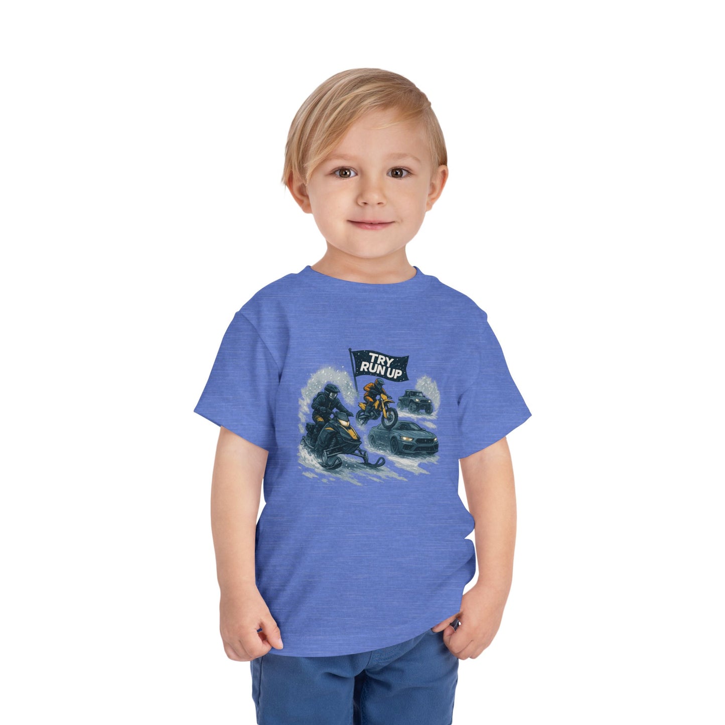 Kids Winter Snowmobiling Run Up Toddler Short Sleeve Tee | Snowmobile Design