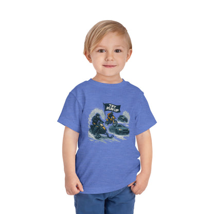 Kids Winter Snowmobiling Run Up Toddler Short Sleeve Tee | Snowmobile Design