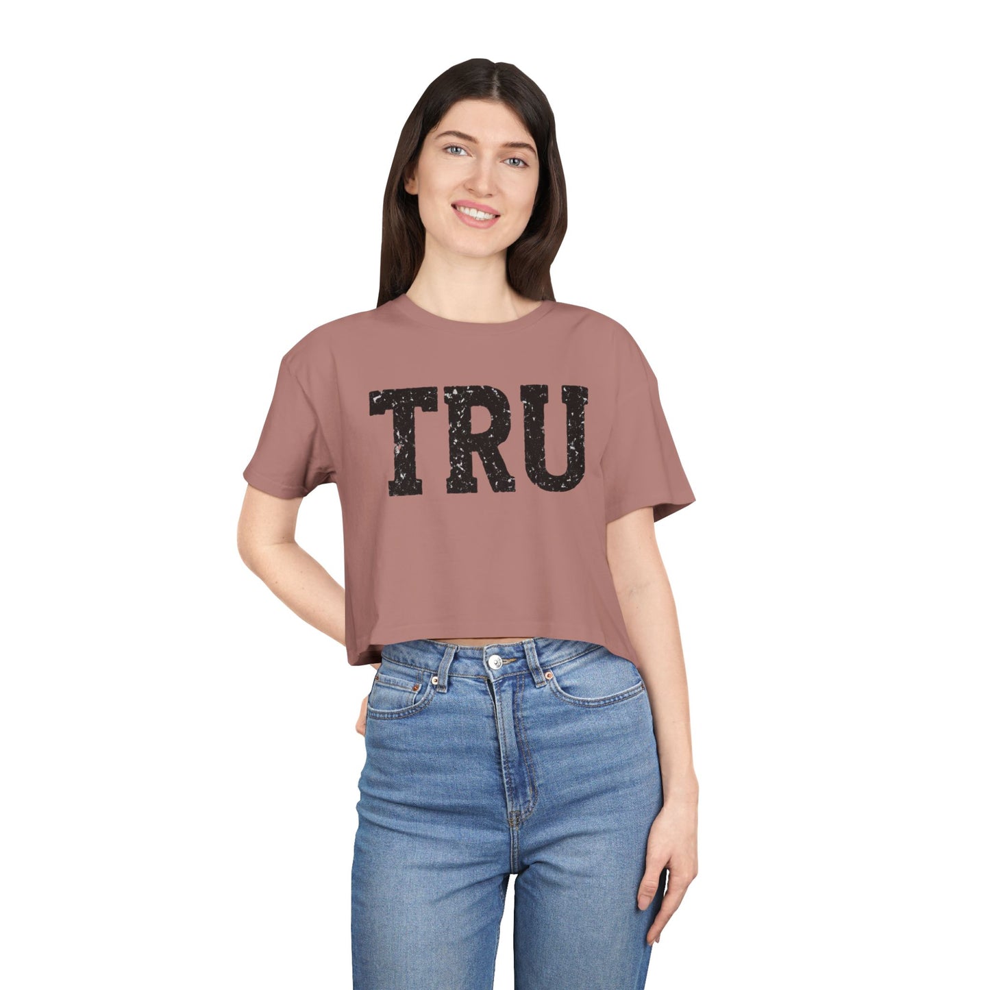 TRU text crop tee | distressed varsity letters, casual graphic top