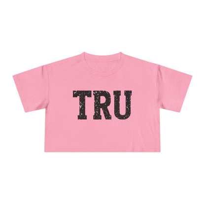 TRU text crop tee | distressed varsity letters, casual graphic top