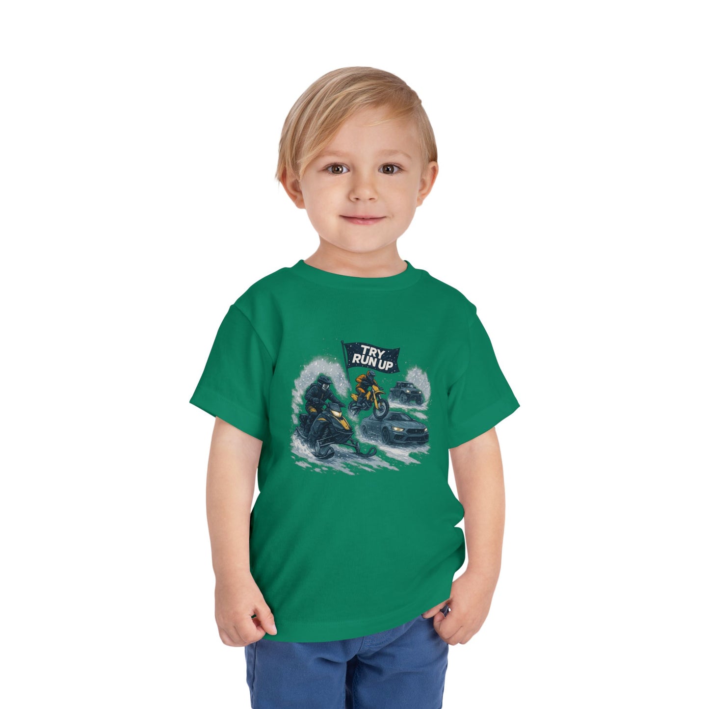 Kids Winter Snowmobiling Run Up Toddler Short Sleeve Tee | Snowmobile Design