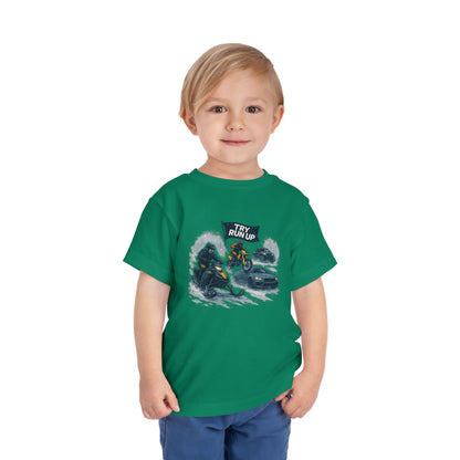 Kids Winter Snowmobiling Run Up Toddler Short Sleeve Tee | Snowmobile Design