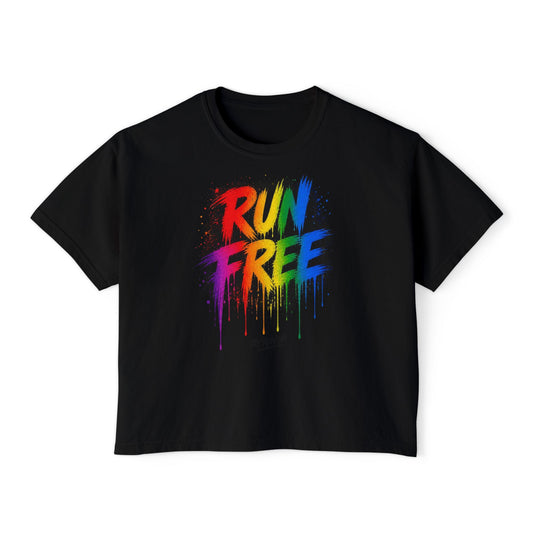 Run Free rainbow drip design Boxy Tee | Tour dates back print
