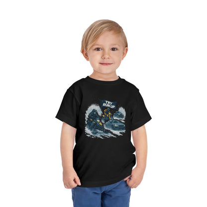 Kids Winter Snowmobiling Run Up Toddler Short Sleeve Tee | Snowmobile Design