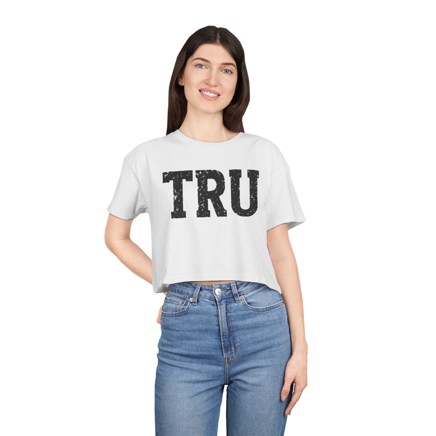 TRU text crop tee | distressed varsity letters, casual graphic top