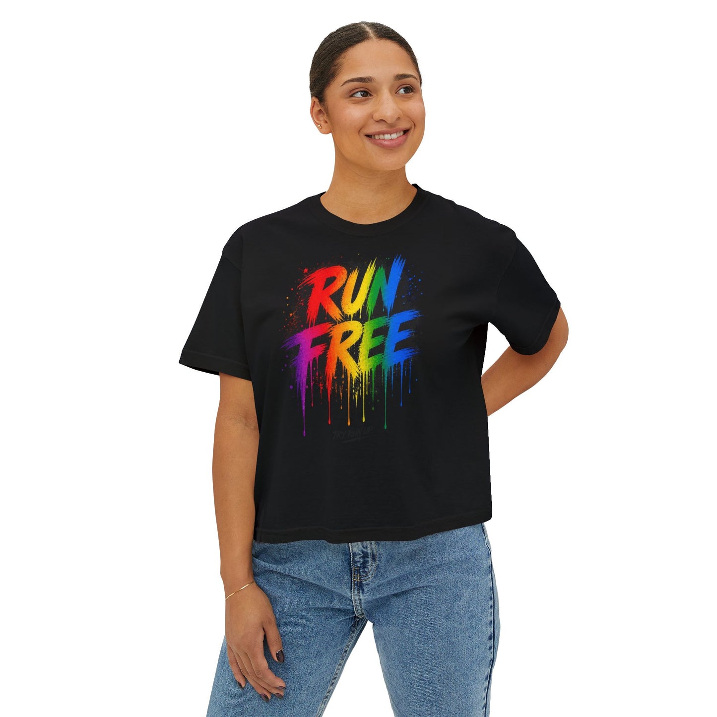 Run Free rainbow drip design Boxy Tee | Tour dates back print