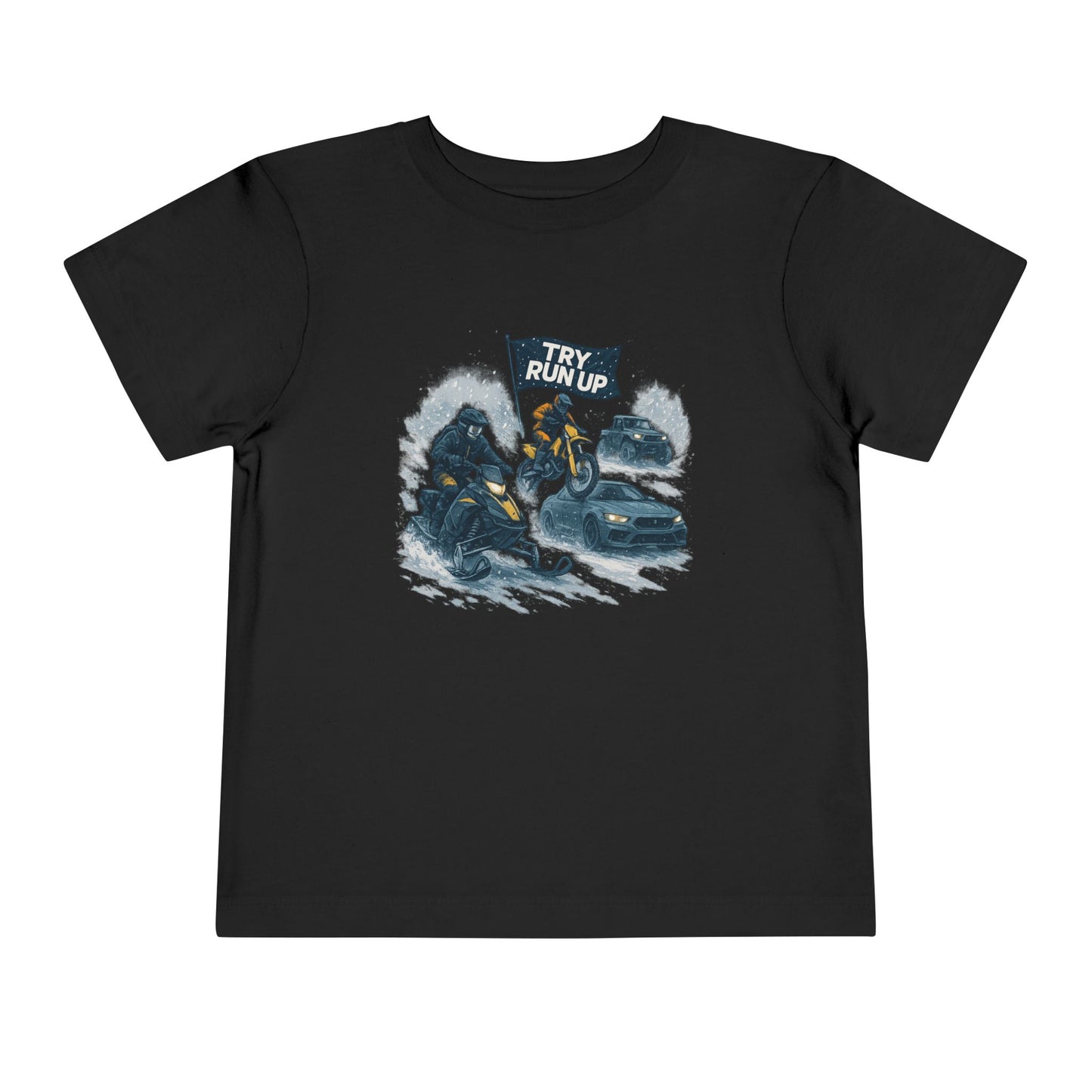 Kids Winter Snowmobiling Run Up Toddler Short Sleeve Tee | Snowmobile Design