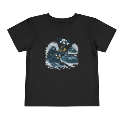 Kids Winter Snowmobiling Run Up Toddler Short Sleeve Tee | Snowmobile Design