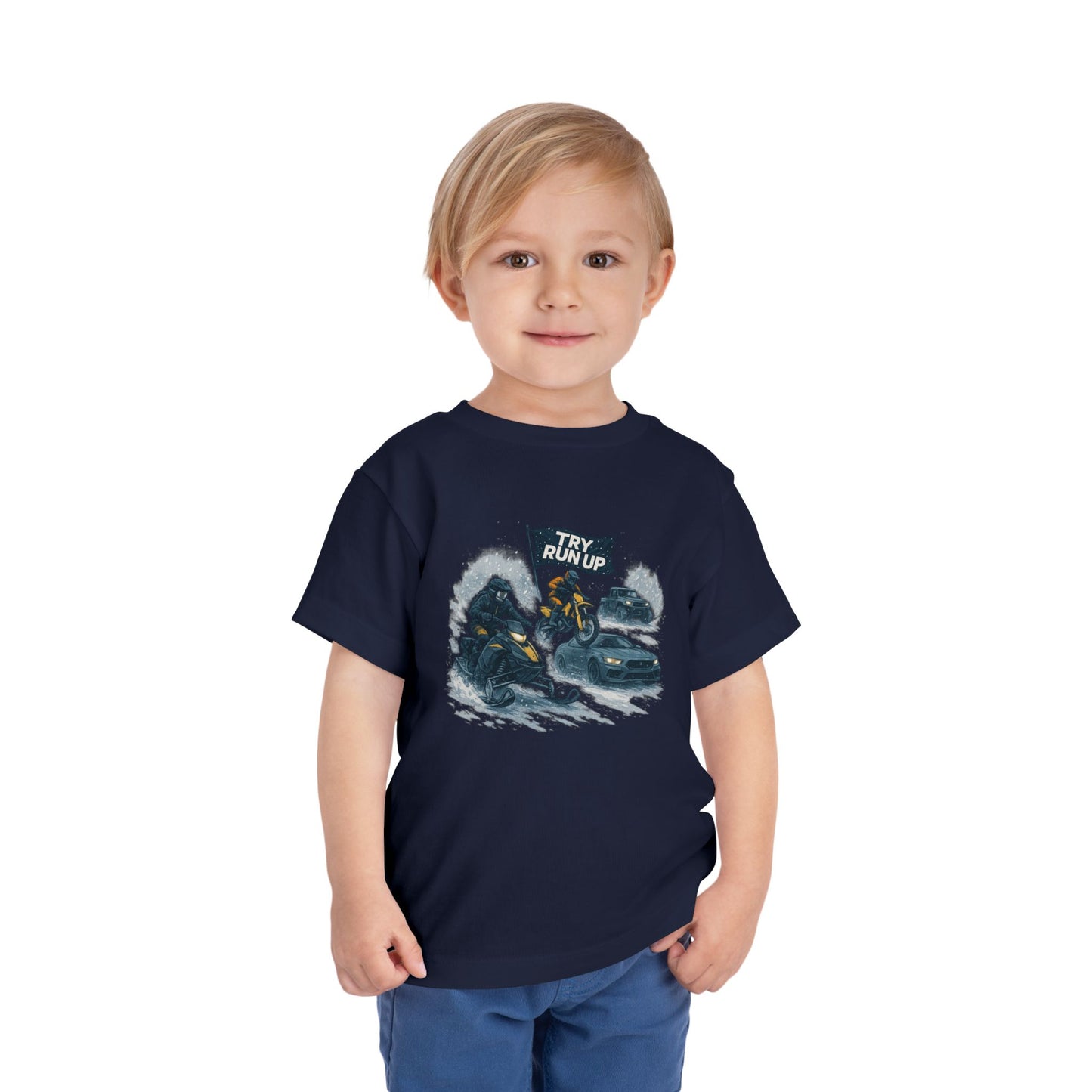 Kids Winter Snowmobiling Run Up Toddler Short Sleeve Tee | Snowmobile Design