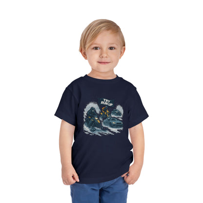 Kids Winter Snowmobiling Run Up Toddler Short Sleeve Tee | Snowmobile Design