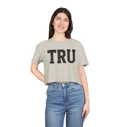 TRU text crop tee | distressed varsity letters, casual graphic top