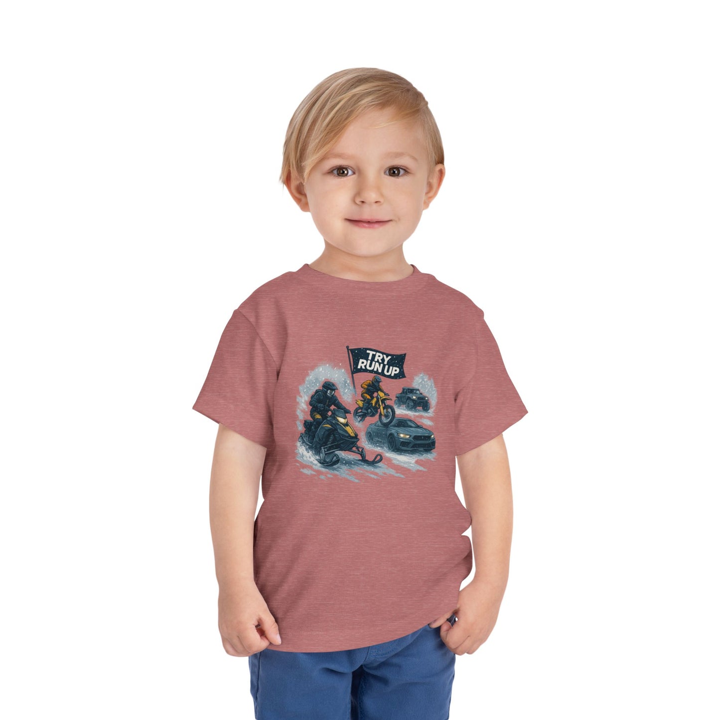 Kids Winter Snowmobiling Run Up Toddler Short Sleeve Tee | Snowmobile Design