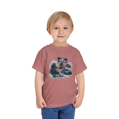 Kids Winter Snowmobiling Run Up Toddler Short Sleeve Tee | Snowmobile Design