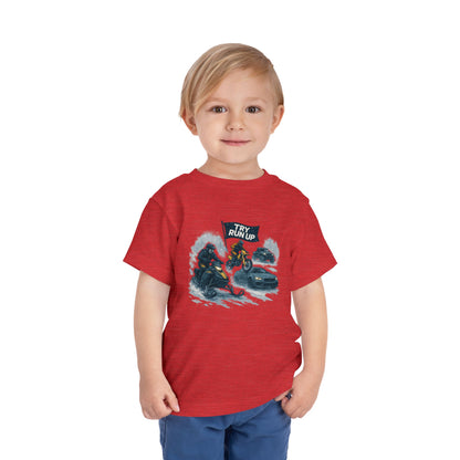 Kids Winter Snowmobiling Run Up Toddler Short Sleeve Tee | Snowmobile Design