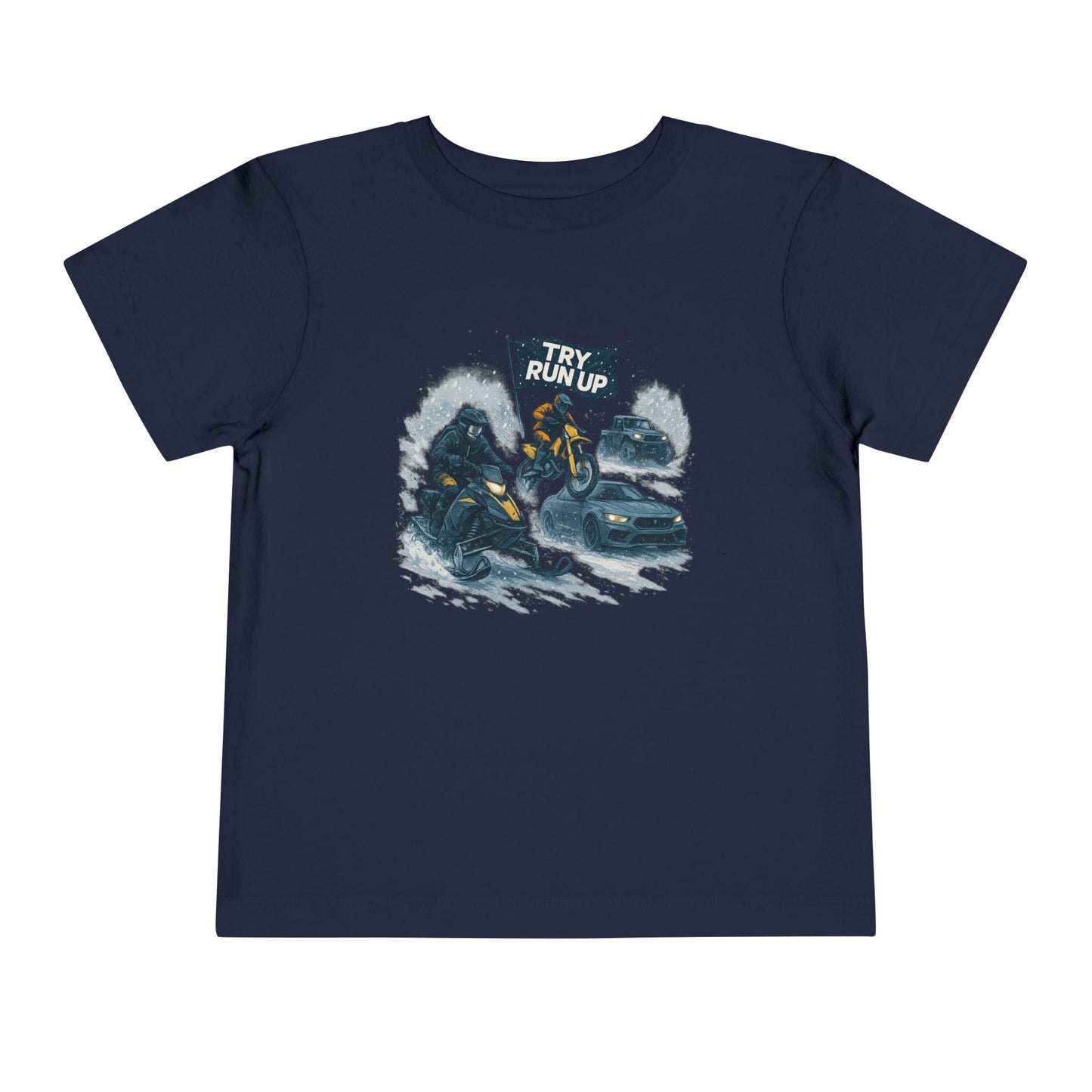 Kids Winter Snowmobiling Run Up Toddler Short Sleeve Tee | Snowmobile Design