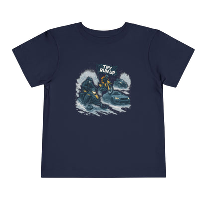 Kids Winter Snowmobiling Run Up Toddler Short Sleeve Tee | Snowmobile Design