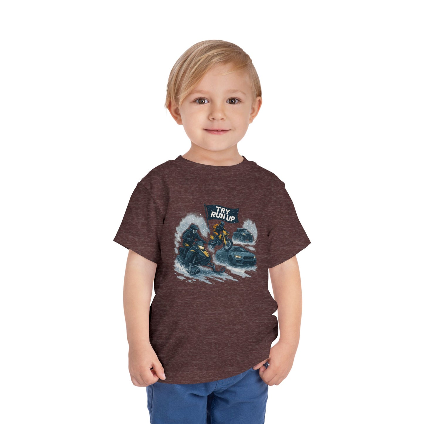 Kids Winter Snowmobiling Run Up Toddler Short Sleeve Tee | Snowmobile Design