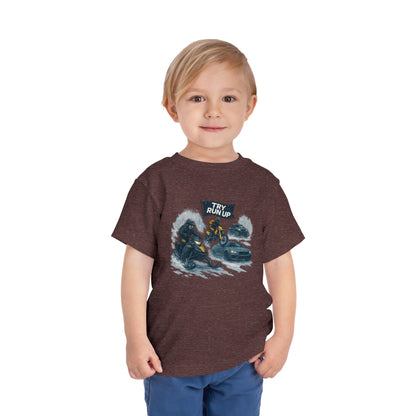 Kids Winter Snowmobiling Run Up Toddler Short Sleeve Tee | Snowmobile Design