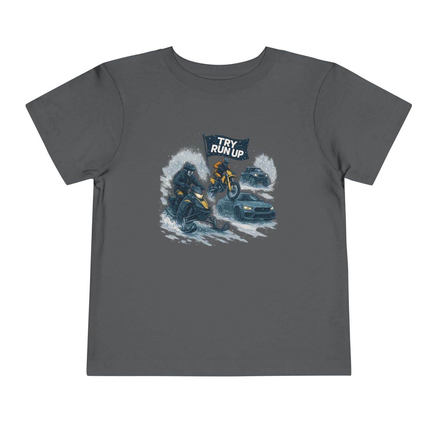 Kids Winter Snowmobiling Run Up Toddler Short Sleeve Tee | Snowmobile Design