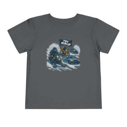 Kids Winter Snowmobiling Run Up Toddler Short Sleeve Tee | Snowmobile Design