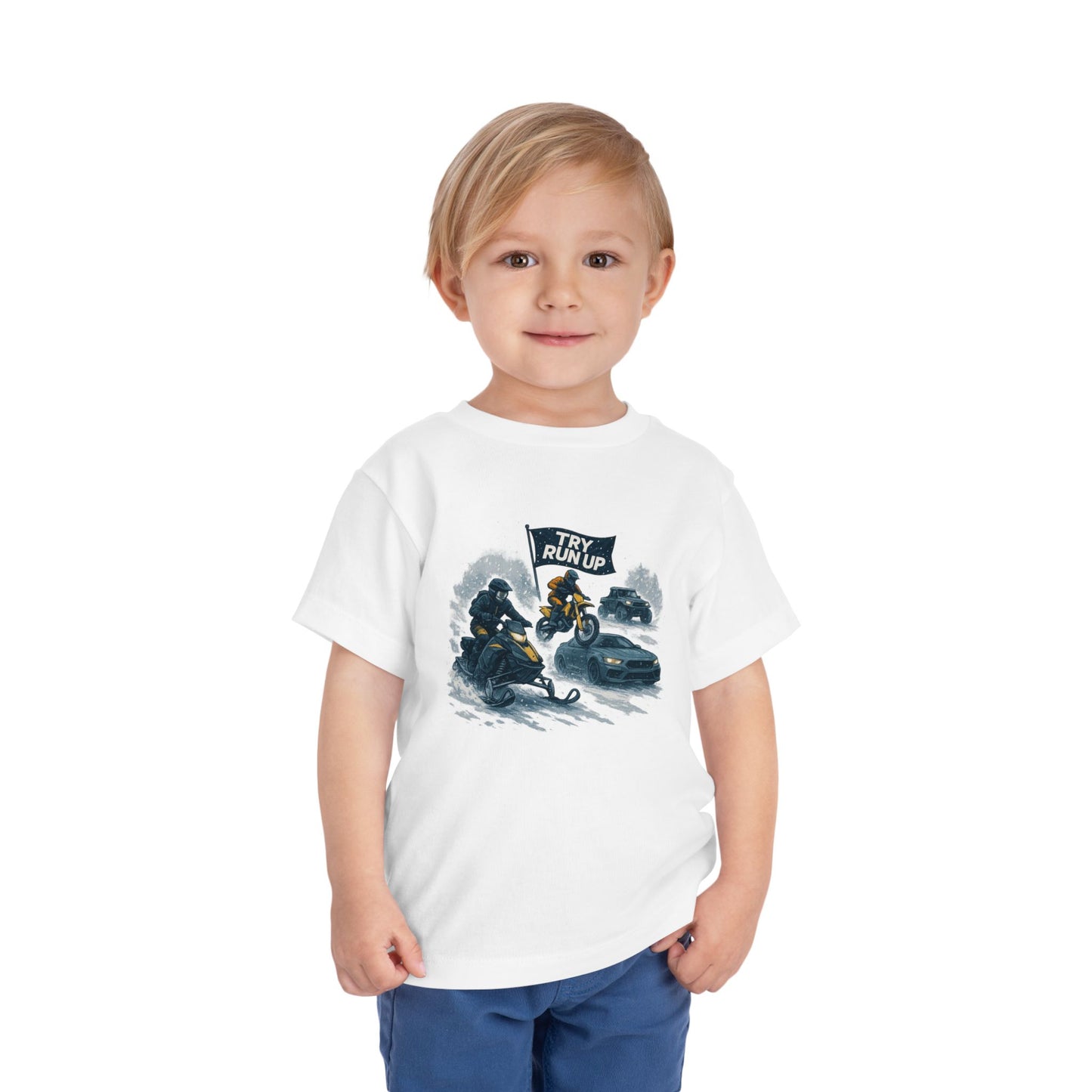 Kids Winter Snowmobiling Run Up Toddler Short Sleeve Tee | Snowmobile Design